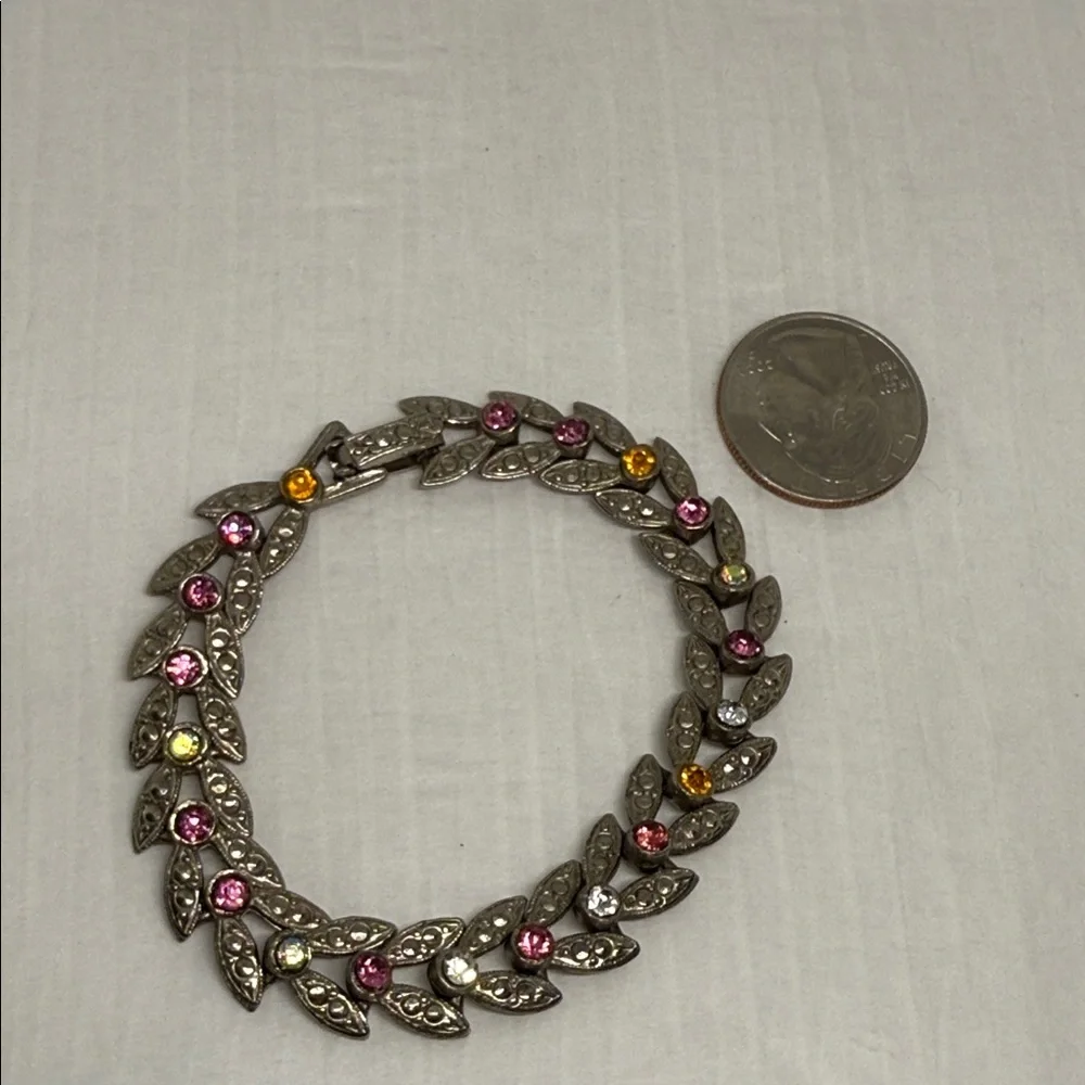 Gorgeous Multicolor Leaf Design rhinestone bracelet hot pink Aurora Borealis yum